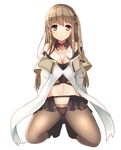  bangs bare_shoulders blush breasts brown_eyes brown_hair cleavage expressionless eyebrows_visible_through_hair frontera girls_frontline hair_ornament hairclip k-2_(girls_frontline) kneeling large_breasts long_hair long_sleeves md5_mismatch midriff miniskirt navel panties pantyhose side_ponytail sidelocks simple_background skirt solo spread_legs underwear white_background wing_collar 