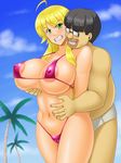  1boy 1girl angry bikini breasts hoshii_miki huge_breasts idolmaster kawanuma_uotsuri smile swimsuit ugly_man 