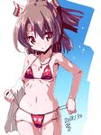  ass_visible_through_thighs bikini breasts brown_eyes brown_hair cowboy_shot dated hachimaki headband high_ponytail kantai_collection logo long_hair looking_at_viewer miuku_(marine_sapphire) navel necktie ponytail red_bikini side-tie_bikini small_breasts solo standing string_pull swimsuit towel wet zuihou_(kantai_collection) 