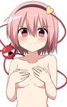  black_hairband blush breasts closed_mouth collarbone commentary_request covering covering_breasts enushi_(toho193) eyebrows_visible_through_hair hair_between_eyes hair_ornament hairband heart heart_hair_ornament highres komeiji_satori looking_at_viewer nude pink_eyes pink_hair short_hair simple_background small_breasts solo tears third_eye touhou upper_body white_background 