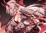  armor bandana breasts closed_mouth fate/grand_order fate_(series) from_side haoni holding holding_weapon horns japanese_armor japanese_clothes katana kimono large_breasts long_hair profile red_eyes sheath sideboob silver_hair solo sword tomoe_gozen_(fate/grand_order) weapon white_kimono 