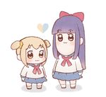  :3 arms_at_sides bangs bkub_(style) blouse blue_sailor_collar blue_skirt blunt_bangs blush bow brown_footwear closed_mouth eyebrows_visible_through_hair full_body hair_bow hair_ornament hair_scrunchie heart light_brown_hair long_hair long_sleeves looking_at_viewer multiple_girls neckerchief parody pipimi poptepipic popuko purple_eyes purple_hair red_bow red_neckwear sailor_collar schally+ scrunchie shirt short_hair simple_background skirt socks standing style_parody two_side_up white_background white_legwear white_shirt yellow_eyes yellow_scrunchie 