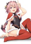  1boy absurdres astolfo_(fate) bare_arms bare_thighs bell fang fate/apocrypha fate/grand_order fate_(series) hair_bell hair_ornament hair_ribbon highres jtleeklm navel otoko_no_ko pink_hair red_legwear ribbon santa_costume short_hair thighhighs trap v 