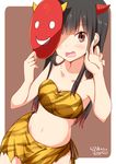  black_hair blush brown_eyes chijou_noko chikanoko collarbone commentary_request long_hair looking_at_viewer navel oni_costume oni_horns oni_mask open_mouth ragho_no_erika setsubun solo strapless tears 