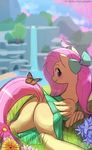  2018 arthropod avian bird blush butt butterfly clothed clothed_feral clothing dock equine feathered_wings feathers female feral flower fluttershy_(mlp) friendship_is_magic grass hair hair_bow hair_ribbon hi_res insect looking_at_viewer lumineko mammal my_little_pony outside pegasus plant ribbons smile waterfall wings 
