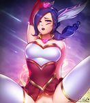  animal_ears arm_behind_head arm_up artist_name bare_shoulders blue_eyes blue_hair bottomless breasts commentary elbow_gloves gloves hair_over_one_eye half-closed_eyes heart large_breasts league_of_legends long_hair looking_at_viewer open_mouth out-of-frame_censoring patreon_username pink_lady_mage red_gloves signature solo spread_legs thighhighs white_legwear xayah 