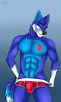  2018 5_fingers abs anthro athletic black_nose blue_background blue_fur blue_hair bulge canine cinta clothed clothing eyebrows fur gloves_(marking) hair looking_at_viewer male mammal markings muscular muscular_male nipples red_eyes red_fur removing_underwear scar simple_background solo standing teasing tight_underwear topless underwear undressing white_fur wolf 