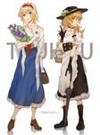  adapted_costume alice_margatroid alternate_costume apron bag basket belt blonde_hair blue_eyes boots bouquet bow braid choker earrings flower gloves hair_bow hair_ribbon hat highres jewelry kirisame_marisa long_hair looking_at_viewer meng_ziya multiple_girls necklace ribbon short_hair skirt touhou umbrella witch_hat yellow_eyes 