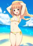  :d armpits arms_up bangs beach bikini blunt_bangs blush breasts brown_eyes brown_hair cleavage collarbone day eyebrows_visible_through_hair hair_ornament highres hiraga_matsuri idolmaster idolmaster_cinderella_girls kitami_yuzu looking_at_viewer medium_breasts ocean open_mouth outdoors short_hair side-tie_bikini smile solo swimsuit 