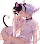  animal_ears black_hair blush bottomless cat_ears cat_tail catboy closed_eyes collar collarbone commentary_request extra_ears eyebrows_visible_through_hair highres kiss male_focus multicolored_hair multiple_boys nipples open_clothes open_shirt original saliva shirt silver_hair simple_background sookmo streaked_hair tail two-tone_hair white_background white_hair white_shirt yaoi 