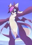  2018 anthro blue_background blue_eyes day digital_media_(artwork) dragon featureless_crotch hair horn male membranous_wings nude outside phation purple_hair simple_background smile solo standing wings 
