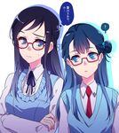  ? blue_eyes blue_hair commentary_request dokidoki!_precure glasses hishikawa_rikka hugtto!_precure l'avenir_academy_uniform long_hair looking_at_another multiple_girls negom precure red-framed_eyewear semi-rimless_eyewear simple_background spoken_question_mark thought_bubble translated under-rim_eyewear white_background yakushiji_saaya 