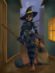  anthro blithedragon breasts broom clothed clothing collar costume female garter halloween hat holidays legwear looking_at_viewer magic_user mammal nipple_bulge pentagram red_panda smile solo standing stockings voluptuous wide_hips witch 