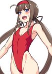  black_ribbon blue_eyes brown_hair covered_navel cowboy_shot error flat_chest hai_(h81908190) hair_ribbon hairband highleg highleg_swimsuit long_hair one-piece_swimsuit open_mouth red_hairband red_swimsuit ribbon ryoubi_(senran_kagura) senran_kagura simple_background solo swimsuit twintails white_background 