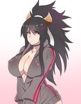  1girl black_hair breasts brown_hair cleavage collarbone cow_girl cow_horns female gradient_background green_eyes hair_ornament hair_ribbon horns huge_breasts long_hair long_ponytail nightmare-doom no_bra no_pants ponytail ribbon shirt simple_background solo standing upper_body 