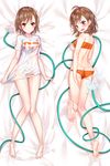  ahoge ass ass_visible_through_thighs back barefoot bed_sheet bikini blush brown_eyes brown_hair butt_crack daki-makura dakimakura full_body hair_ornament hairclip hose looking_at_viewer lying misaka_mikoto multiple_views on_back on_stomach orange_bikini shirt short_hair soles swimsuit thigh_gap to_aru_kagaku_no_railgun to_aru_majutsu_no_index water wet wet_clothes wet_shirt wet_t-shirt 