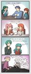  4koma 5girls aqua_eyes aqua_hair bare_shoulders bed blonde_hair blue_hair bread breasts brother_and_sister brown_hair celica_(fire_emblem) chair closed_eyes comic cup didudraws drinking eirika eliwood_(fire_emblem) english ephraim fire_emblem fire_emblem:_rekka_no_ken fire_emblem:_seima_no_kouseki fire_emblem_echoes:_mou_hitori_no_eiyuuou fire_emblem_heroes fire_emblem_if food green_eyes green_hair grey_hair half-closed_eyes hat hector_(fire_emblem) highres long_hair long_sleeves lyndis_(fire_emblem) mae_(fire_emblem) marks_(fire_emblem_if) mug multiple_boys multiple_girls pajamas pillow pink_hair ponytail red_eyes red_hair rubbing_eyes shirt siblings sitting sweatdrop t-shirt table teacup teapot twintails twitter_username veronica_(fire_emblem) 