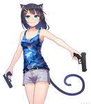  :3 amekaze_yukinatsu animal_ears bangs bare_arms bare_shoulders black_hair blue_eyes blue_tank_top blush camouflage camouflage_tank_top cat_ears cat_girl cat_tail closed_mouth collarbone commentary dual_wielding glock grey_shorts gun hair_ornament hairclip handgun highres holding holding_gun holding_weapon looking_at_viewer original pistol short_hair short_shorts shorts simple_background solo tail tank_top trigger_discipline weapon weapon_request white_background 