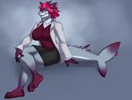 anthro blithedragon breasts clothed clothing female fish furgonomics furry-specific_piercing hair horn looking_at_viewer marine nipple_bulge piercing shark smile solo tail_piercing teeth wide_hips 