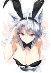  alternate_costume animal_ears arm_up bare_arms bare_shoulders black_bow bow bowtie breasts bunny_ears bunny_girl bunnysuit cleavage commentary_request detached_collar eyebrows_visible_through_hair fake_animal_ears inubashiri_momiji kasuka_(kusuki) large_breasts leaning_forward looking_at_viewer red_eyes short_hair smile solo touhou upper_body white_background white_hair wolf_ears wrist_cuffs 