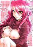  breasts brown_eyes brown_sweater clothes_lift commentary_request eyebrows_visible_through_hair heart kurogami_ma lifted_by_self long_hair nipples no_bra original pink_hair pink_shirt red_skirt shirt shirt_lift sitting skirt smile solo sweater sweater_lift upper_body 