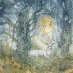  2017 antlers cervine dead_tree deer detailed_background feral forest fur grass horn looking_at_viewer lying male mammal outside portrait solo stephanie_law sun traditional_media_(artwork) tree watercolor_(artwork) white_fur 