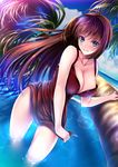  akeyama_kitsune alternate_costume aozaki_aoko bare_arms bare_shoulders blue_eyes breasts brown_hair cleavage collarbone commentary_request day large_breasts long_hair looking_at_viewer mahou_tsukai_no_yoru outdoors smile solo standing tsukihime type-moon wading water 