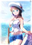  :d absurdres beach black_hair blue_eyes blue_sky blurry breasts chinchongcha cleavage day depth_of_field hair_ornament hairclip hat highres horizon long_hair looking_at_viewer medium_breasts navel ocean open_mouth original sky smile solo spaghetti_strap sun_hat 