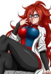  android android_21 arm_support black-framed_eyewear black_nails blue_eyes breasts brown_hair checkered checkered_dress crossed_legs deviantart_sample dragon_ball dragon_ball_fighterz dress earrings eyelashes glasses hoop_earrings image_sample jewelry labcoat large_breasts legs long_hair looking_at_viewer nail_polish pantyhose ring sitting solo thick_thighs thighs 
