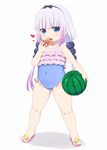  beads blue_eyes casual_one-piece_swimsuit covered_navel crab food frilled_swimsuit frills fruit full_body hair_beads hair_ornament hairband hiro_hiroki kanna_kamui kobayashi-san_chi_no_maidragon lavender_hair low_twintails one-piece_swimsuit pink_hair purple_swimsuit sandals simple_background solo standing swimsuit twintails watermelon white_background 