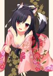  absurdres animal_ears azur_lane black_hair blush breasts calligraphy_brush collarbone commentary_request dog_ears dog_tail fang fingernails highres japanese_clothes kimono long_hair looking_at_viewer medium_breasts meipuru_(megane-0088) open_mouth paintbrush red_eyes shigure_(azur_lane) simple_background solo tail 