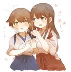  akagi_(kantai_collection) blue_hakama brown_eyes brown_hair commentary_request feeding hair_between_eyes hakama hakama_skirt heart holding holding_spoon ina_(1813576) japanese_clothes kaga_(kantai_collection) kantai_collection long_hair multiple_girls open_mouth red_hakama short_hair side_ponytail simple_background spoon tasuki translated white_background 