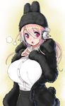  blush breasts commentary_request fur_coat hat hat_with_ears headphones large_breasts long_hair looking_at_viewer nitroplus open_mouth pink_eyes pink_hair solo super_sonico tsuji_santa 