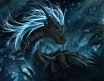  2018 black_scales blue_hair detailed_background digital_media_(artwork) dragon hair horn looking_at_viewer night outside red_eyes scales smile telleryspyro 