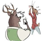  alcohol anthro antlers beer beverage cellphone cervine chugging deer dialogue drinking duo english_text female flannel horn male mammal nobby_(artist) phone romantic_couple sound_effects text 