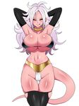  :p android_21 arms_behind_head ass_visible_through_thighs bikini black_bikini black_legwear blush breasts cleavage dragon_ball dragon_ball_fighterz earrings elbow_gloves gloves groin highres jewelry kagemusha large_breasts long_hair majin_android_21 navel pink_skin pointy_ears red_eyes shiny shiny_skin simple_background skindentation smile solo swimsuit tail thigh_gap thighhighs tongue tongue_out white_background white_hair 