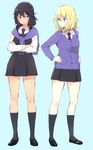  andou_(girls_und_panzer) bad_id bad_pixiv_id bangs bc_freedom_school_uniform black_footwear black_legwear black_skirt black_vest blue_background blue_jacket blue_neckwear blush closed_mouth commentary_request crossed_arms diagonal_stripes dress_shirt ebi_(eeemimn) frown full_body girls_und_panzer hands_on_hips jacket jacket_around_neck kneehighs long_sleeves looking_at_another mary_janes medium_hair miniskirt multicolored_neckwear multiple_girls oshida_(girls_und_panzer) pleated_skirt red_neckwear shirt shoes side-by-side skirt standing striped vest white_shirt wing_collar 