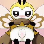  antennae arthropod bee_fly black_eyes blush female flashing fly half-closed_eyes insect insect_wings looking_at_viewer mrmochi nintendo pok&eacute;mon pok&eacute;mon_(species) pussy ribombee scarf simple_background smile solo video_games wings yellow_body 