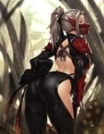  arched_back armor ass back back_cutout bow breasts from_behind hair_bow hand_on_hip hand_on_own_thigh highres houtengeki knot large_breasts long_hair looking_at_viewer looking_back mask monster_hunter monster_hunter:_world odogaron_(armor) outdoors pauldrons ponytail silver_hair solo standing yellow_eyes 