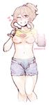  ;d blonde_hair blush breasts cellphone cropped_legs cutoffs denim denim_shorts groin heart highres medium_breasts moonexplorers navel one_eye_closed open_mouth original phone ponytail self_exposure self_shot shorts sketch smartphone smile solo white_background 