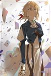  artist_name bangs blonde_hair blue_eyes closed_mouth dress expressionless hair_between_eyes hair_ribbon highres isshiki_(ffmania7) letter looking_up mechanical_arm prosthesis prosthetic_arm red_ribbon ribbon signature solo standing twitter_username violet_evergarden violet_evergarden_(character) white_dress 
