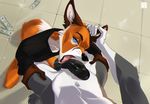  2017 anthro athletic balls black_clothing blue_eyes bottomless canine clothed clothing countershading digital_media_(artwork) dipstick_tail duo ear_grab ear_tuft erection facial_markings fellatio first_person_view fox fur grey_fur hale. hand_on_thigh hi_res humanoid_penis kneeling licking looking_at_viewer male male/male mammal markings money multicolored_tail nude open_mouth oral orange_fur penis penis_lick saliva sex standing tile tongue tongue_out tuft white_fur 
