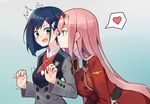  bangs belt blue_eyes blue_hair blush commentary darling_in_the_franxx dianche_miao_(18826) green_eyes hair_ornament hairband hairclip heart highres horns ichigo_(darling_in_the_franxx) licking long_hair looking_at_another medal military military_uniform multiple_girls neck_licking open_mouth pink_hair saliva saliva_trail short_hair spoken_heart startled sweatdrop tongue tongue_out uniform very_long_hair wavy_mouth yuri zero_two_(darling_in_the_franxx) 
