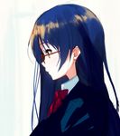  blazer blue_hair bow bowtie closed_mouth commentary_request eyebrows_visible_through_hair from_side glasses hair_between_eyes itsui_(dihydrogenmonoxid) jacket long_hair looking_to_the_side love_live! love_live!_school_idol_project otonokizaka_school_uniform red-framed_eyewear red_neckwear school_uniform simple_background solo sonoda_umi striped striped_neckwear upper_body yellow_eyes 