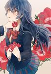  anemone_(flower) anemone_heart bad_id bad_pixiv_id blazer blue_hair blush bow bowtie commentary_request cover cover_page cowboy_shot eyebrows_visible_through_hair flower hair_between_eyes hand_on_another's_chin holding holding_flower jacket long_hair long_sleeves looking_at_another love_live! love_live!_school_idol_project minami_kotori moke_(gaton) multiple_girls open_mouth otonokizaka_school_uniform plaid plaid_skirt pleated_skirt red_neckwear school_uniform skirt sonoda_umi striped striped_neckwear text_focus yellow_eyes 