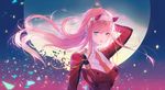  arm_behind_head bangs breasts darling_in_the_franxx dissolving eyebrows_visible_through_hair fang floating_hair full_moon green_eyes hairband highres horns kh_(kh_1128) large_breasts long_hair looking_at_viewer military military_uniform moon open_mouth pink_hair solo uniform upper_body very_long_hair wind zero_two_(darling_in_the_franxx) 