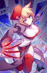  animal_ears blonde_hair bloodline blue_eyes blue_sky breasts cloud hat highres ht iotower jewelry large_breasts looking_at_viewer necklace puffy_sleeves red_legwear short_hair sky solo thighhighs tower 