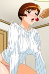  1girl blush breasts brown_eyes brown_hair covered_nipples feeding holding_lollipop indoors large_breasts long_sleeves no_pants non-web_source official_art open_mouth panties pink_panties ribbed_sweater short_hair solo_focus super_real_mahjong sweatdrop sweater tanaka_ryou toyohara_etsuko underwear 