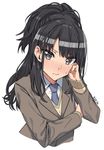  bangs black_eyes black_hair blazer blush cardigan collared_shirt commentary_request erere grey_jacket idolmaster idolmaster_shiny_colors jacket kazano_hiori long_hair looking_at_viewer mole mole_under_mouth necktie ponytail school_uniform shirt sleeves_past_wrists solo sweat upper_body white_shirt 