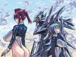  arms_at_sides ass blue_eyes blue_hair blue_hat breasts closed_mouth covered_navel covered_nipples cropped_jacket gloves gradient gradient_sky habutae_kyusetsu hat highleg highleg_leotard impossible_clothes impossible_leotard large_breasts leotard long_sleeves looking_away mecha mini_hat multiple_girls police police_uniform policewoman ponytail profile revealing_clothes shiny shiny_clothes shiny_hair short_hair sidelocks skin_tight sky uniform white_gloves white_leotard 